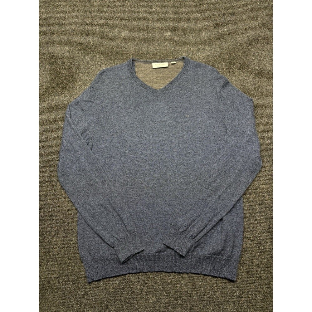 Calvin Klein Men's Large Heather Blue Italian Merino Wool V-Neck Sweater